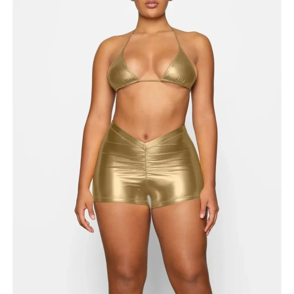 SKIMS Metallic Swim 2PC Set V-Waist Short & Micro Scoop Bikini Top Carbon Size M
